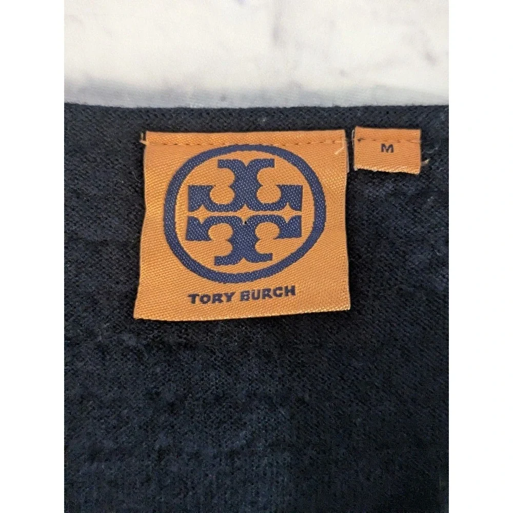Tory Burch Merino Wool Tunic Sweater Medium NavyBeaded Rope Collar Long‎ Sleeve
